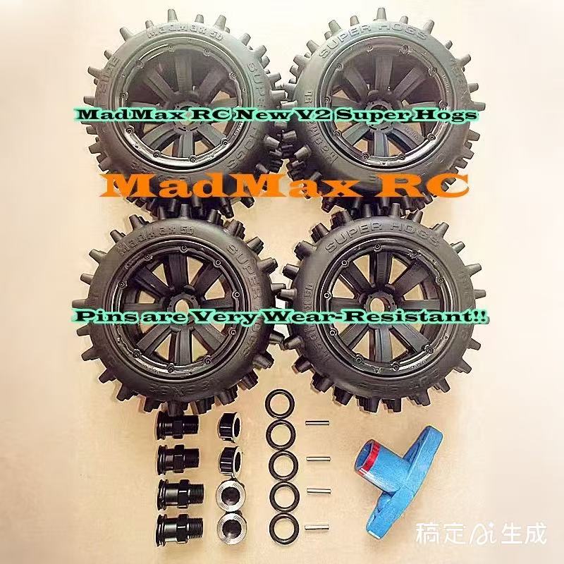 MadMax RC V2 Super Hogs Mounted Tire Wheels 4PCS.Tires DO NOT come off the wheels At VERY high speed for Losi 5IVE-T 2.0, LOSI DBXL &E, 1/5 Kraken, HPI Baja 5T 5SC