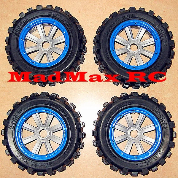 MadMax Popular Giant Grip Tires with NEW GREY wheels 4PCS(Non-Belted)for Losi 5ive-T 1.0,2.0, Losi 5B, Losi DBXL&E, Kraken Vesla