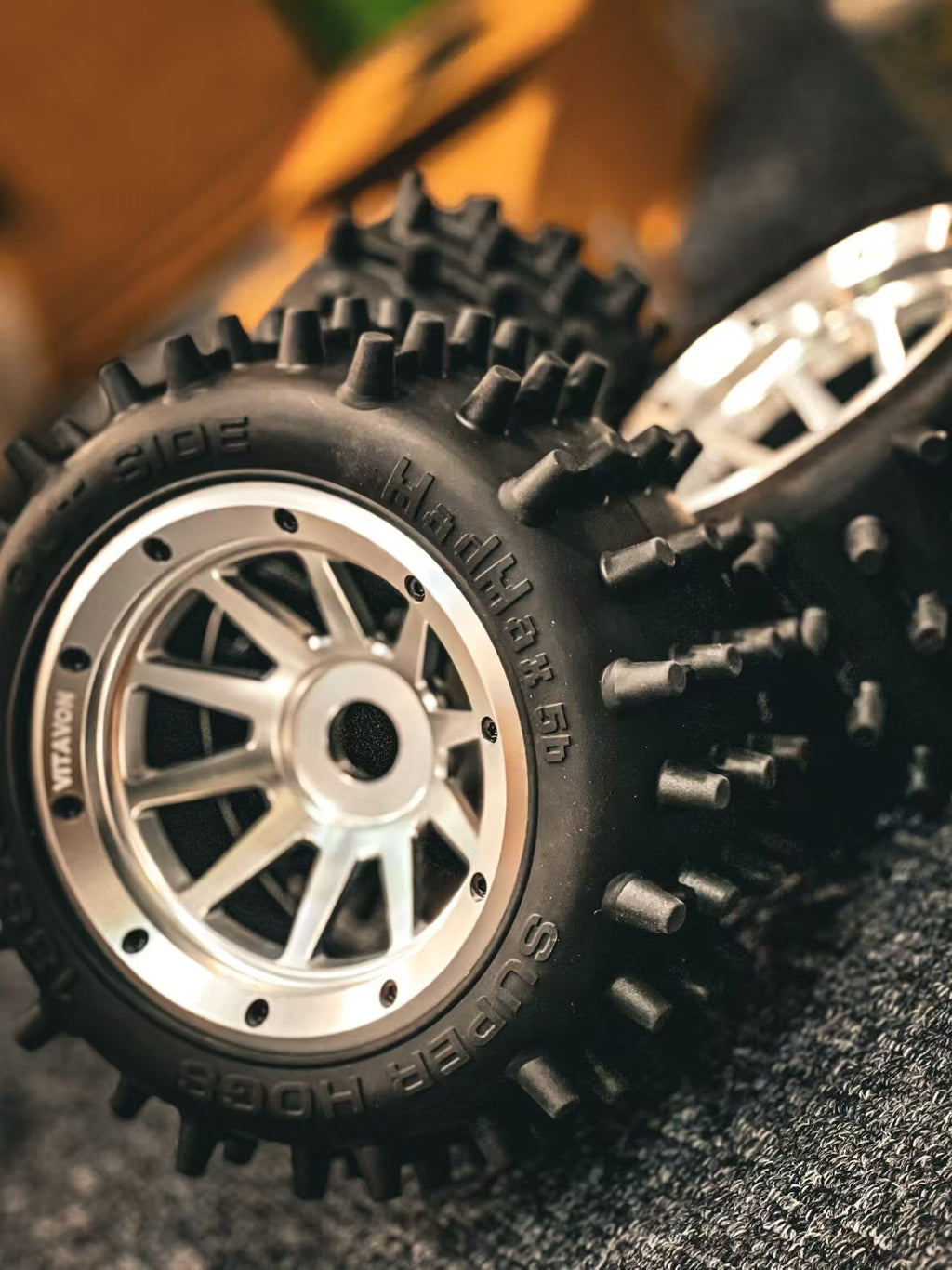 MadMax RC New V2 Super Hogs Tires 186MMX83MM. Tires hold the rims very well At high speed or 12s.
