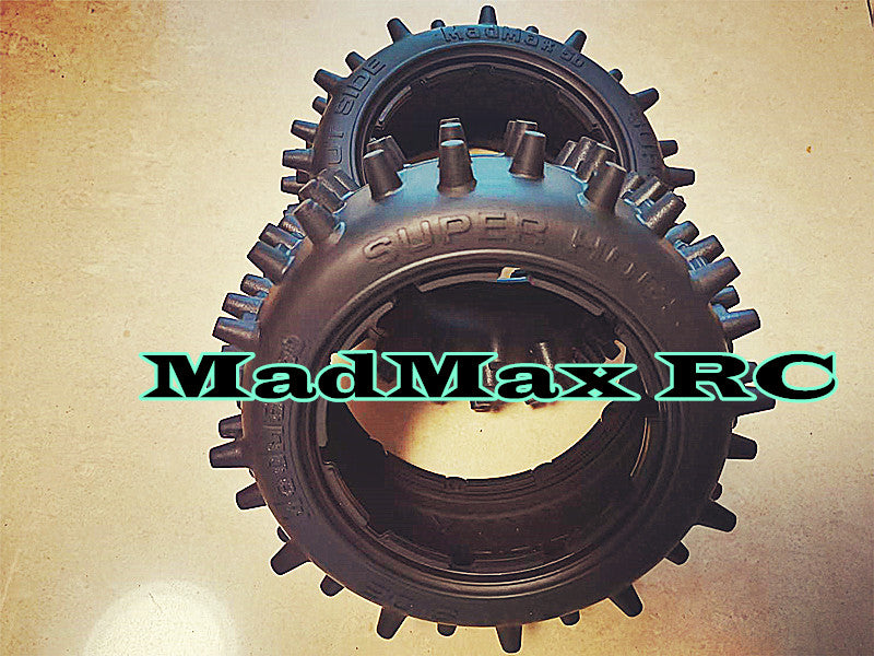 MadMax RC New V2 Super Hogs Tires 186MMX83MM. Tires hold the rims very well At high speed or 12s.
