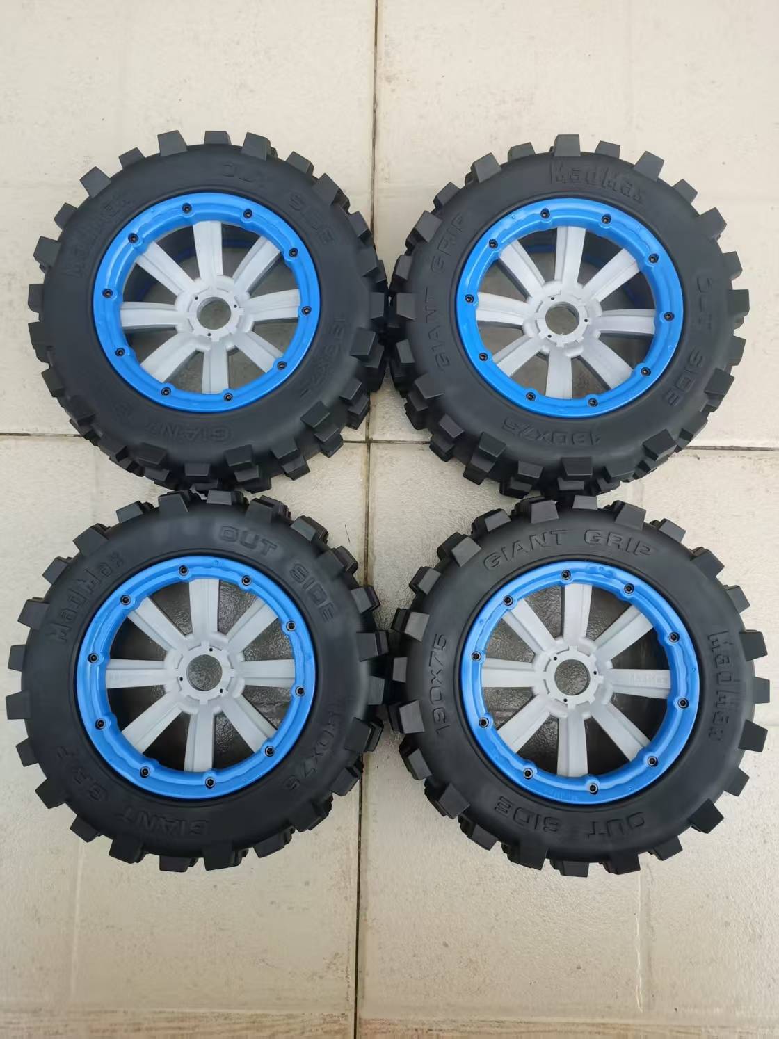 MadMax Popular Giant Grip Tires with NEW GREY wheels 4PCS(Non-Belted)for Losi 5ive-T 1.0,2.0, Losi 5B, Losi DBXL&E, Kraken Vesla
