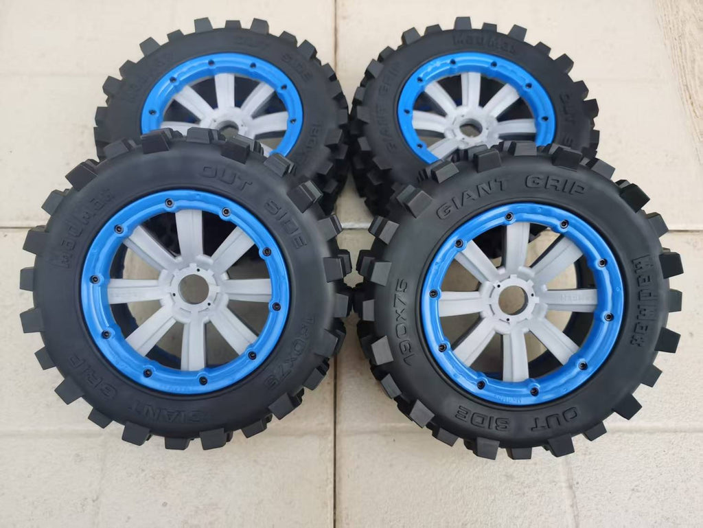 MadMax Popular Giant Grip Tires with NEW GREY wheels 4PCS(Non-Belted)for Losi 5ive-T 1.0,2.0, Losi 5B, Losi DBXL&E, Kraken Vesla