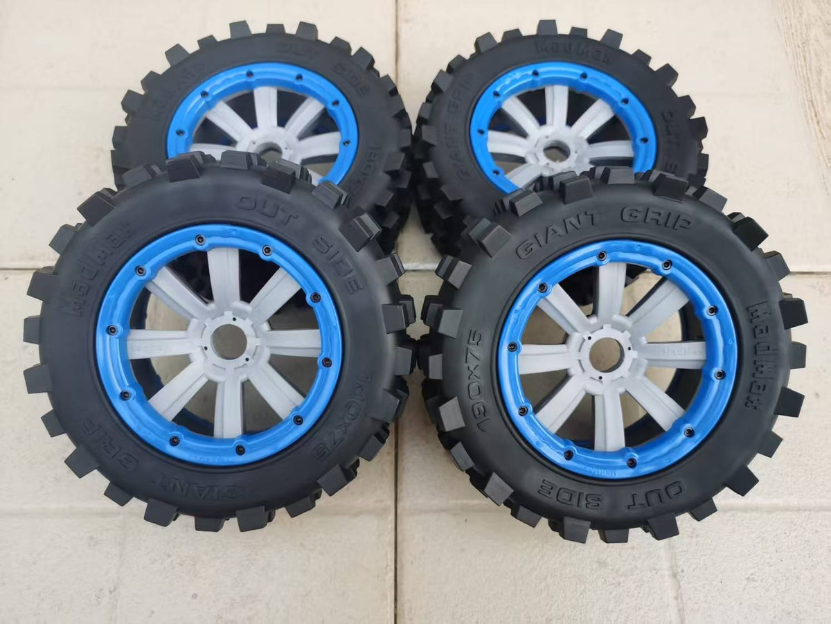 MadMax Popular Giant Grip Tires with NEW GREY wheels 4PCS(Non-Belted)for Losi 5ive-T 1.0,2.0, Losi 5B, Losi DBXL&E, Kraken Vesla