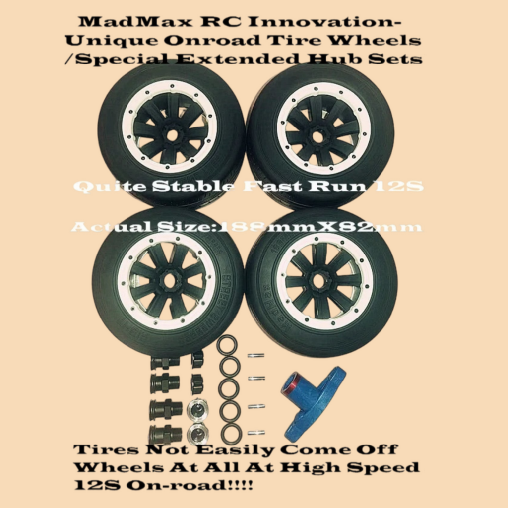 MadMax RC Wide Onroad BELTED Tire Wheel Sets 4PCS/Special Extended Hub Set.Quite Stable Fast Run for Losi 5IVE-T, LOSI DBXL&E, Kraken Vesla, Baja 5T 5SC
