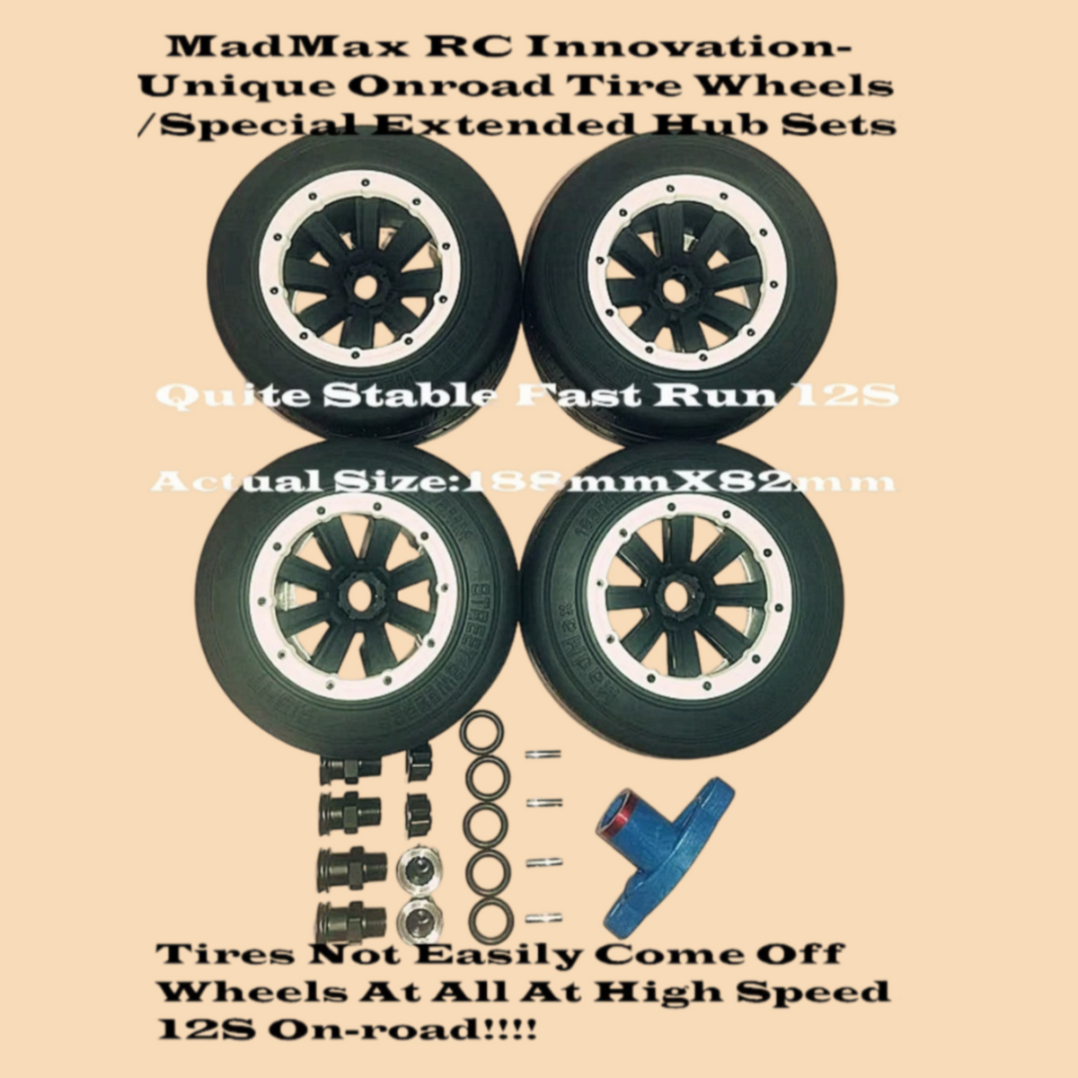 MadMax RC Wide Onroad BELTED Tire Wheel Sets 4PCS/Special Extended Hub Set.Quite Stable Fast Run for Losi 5IVE-T, LOSI DBXL&E, Kraken Vesla, Baja 5T 5SC