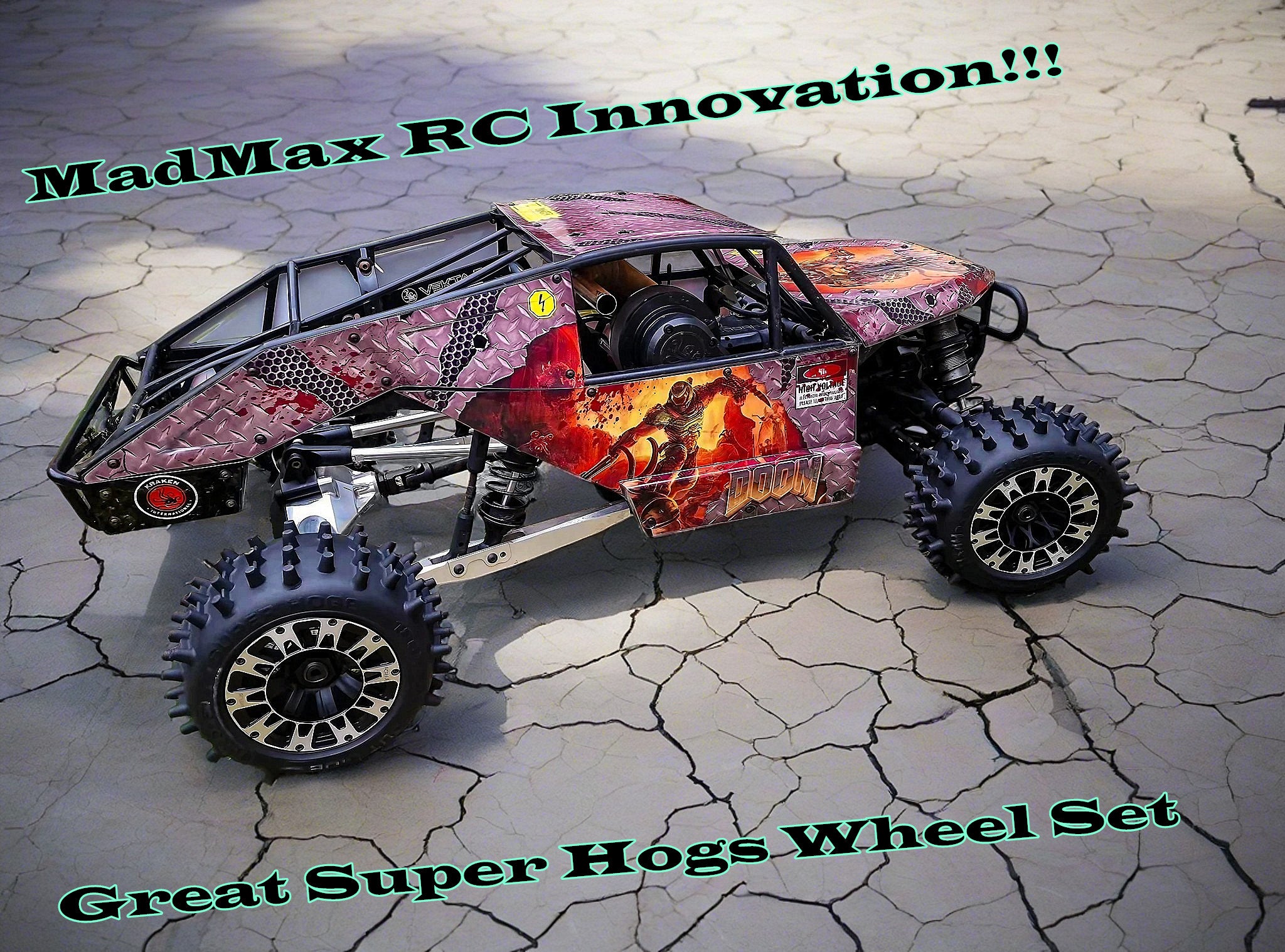 MadMax RC V2 Super Hogs Mounted Tire Wheels 4PCS.Tires DO NOT come off the wheels At VERY high speed for Losi 5IVE-T 2.0, LOSI DBXL &E, 1/5 Kraken, HPI Baja 5T 5SC