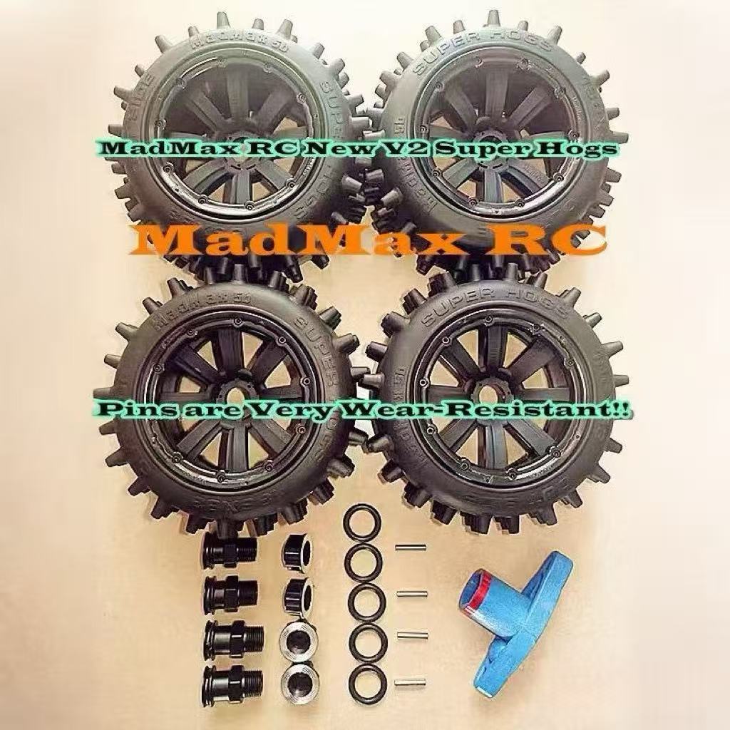 MadMax V2 Super Hogs Tire Wheels 4PCS/Special Extended Hub Set. Tires DO NOT come off the wheels At high speed 12S for Losi 5IVE-T 2.0, LOSI DBXL&E, Kraken Vesla, HPI Baja 5T 5SC