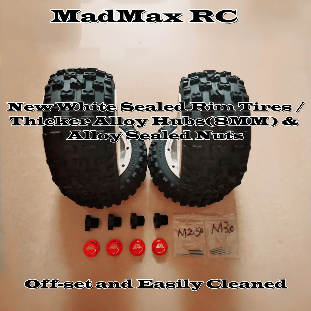 MadMax RC Unique White Sealed 1/8 Monster Truck Tires Wheels(4PCS)&Most Thick Alloy Hub Set for 1/8 Arrma 6s & Other 1/8 Big Foots.Built for Crazy Bashers and Designed to Take a Beating!!!