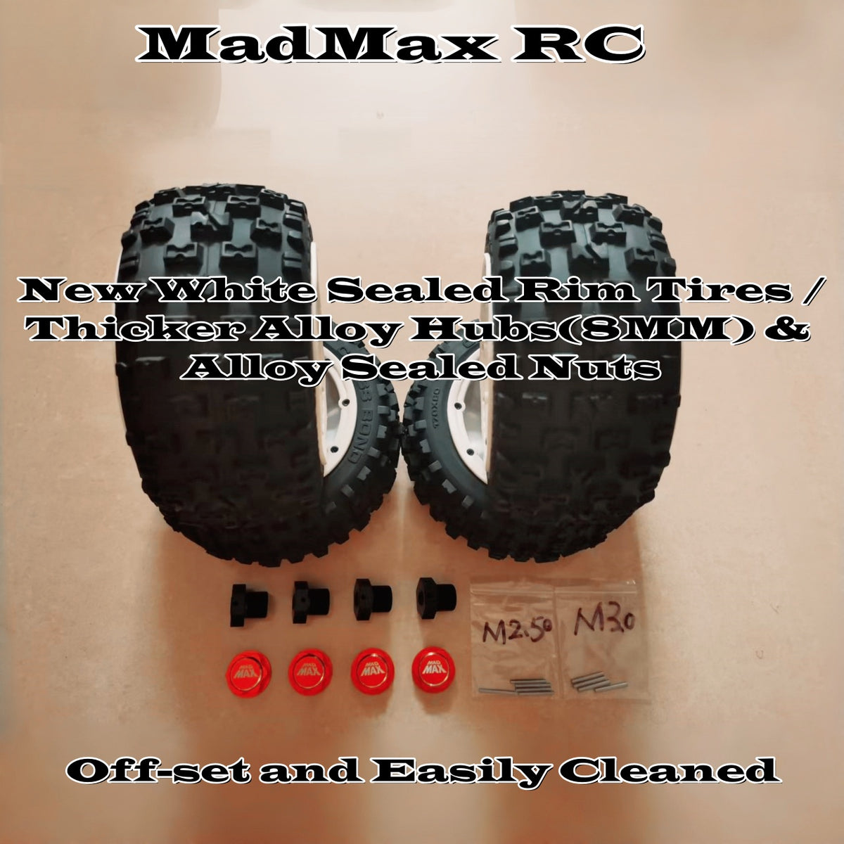 MadMax RC Unique White Sealed 1/8 Monster Truck Tires Wheels(4PCS)&Most Thick Alloy Hub Set for 1/8 Arrma 6s & Other 1/8 Big Foots.Built for Crazy Bashers and Designed to Take a Beating!!!