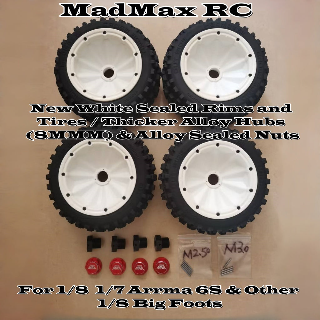 MadMax RC Unique White Sealed 1/8 Monster Truck Tires Wheels(4PCS)&Most Thick Alloy Hub Set for 1/8 Arrma 6s & Other 1/8 Big Foots.Built for Crazy Bashers and Designed to Take a Beating!!!