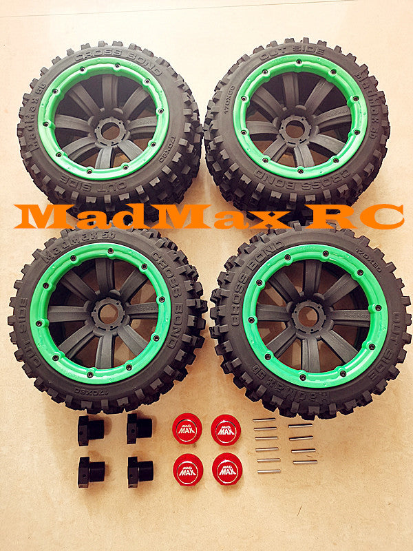 MadMax RC Unique 1/8 Monster Truck Tires Wheels(4PCS)&Most Thick Alloy Hub Set.So Durable!!DO NOT balloon at high speed 12s and in crazy bashing!!!