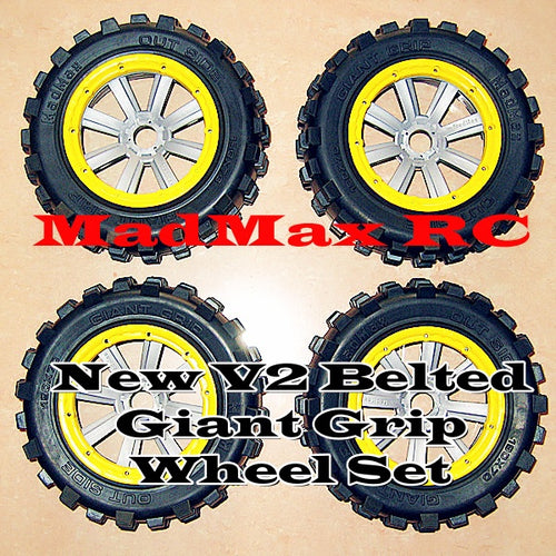 MadMax NEW V2 Belted Giant Grip Wheel Sets for Losi 5ive-T, Losi DBXL & E, Kraken Vesla, 30DN, Rovan LT & HPI 5T 5SC